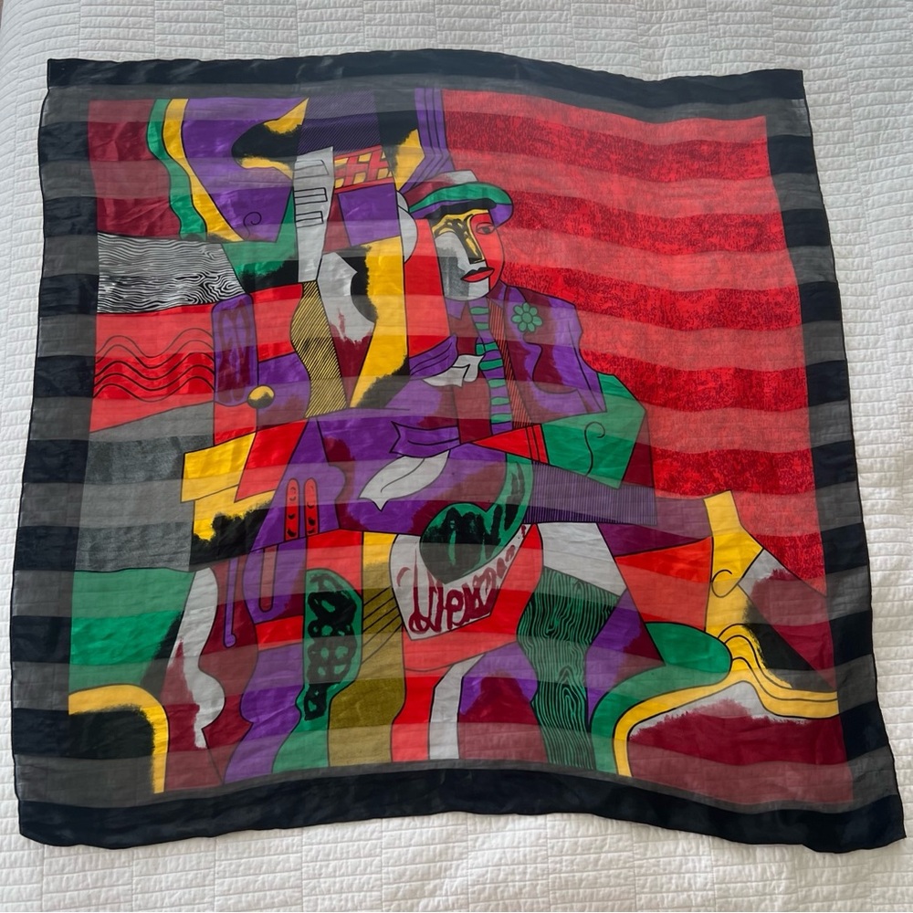 Vintage Picasso Satin Chiffon 40" Square Scarf Cubism Art to Wear